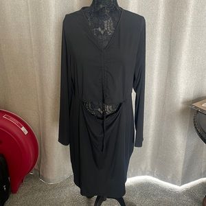 Ribbed ruched v neck peekaboo waist black dress PLUS